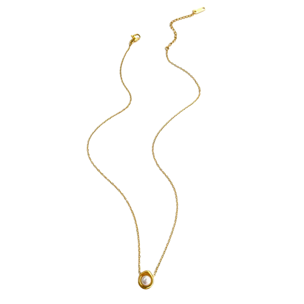 Simulated Pearl in Shell Pendant Necklace - 18k Gold Plated Stainless Steel