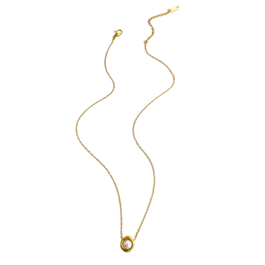 Simulated Pearl in Shell Pendant Necklace - 18k Gold Plated Stainless Steel