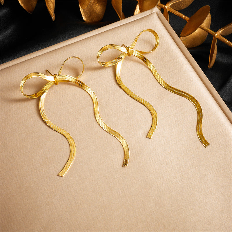 Long Bow Earrings - Pair - Stainless Steel