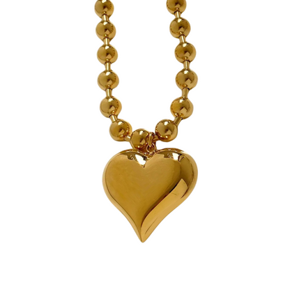 Puffy Heart Ball Chain Necklace - Stainless Steel