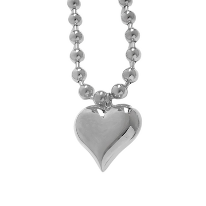 Puffy Heart Ball Chain Necklace - Stainless Steel