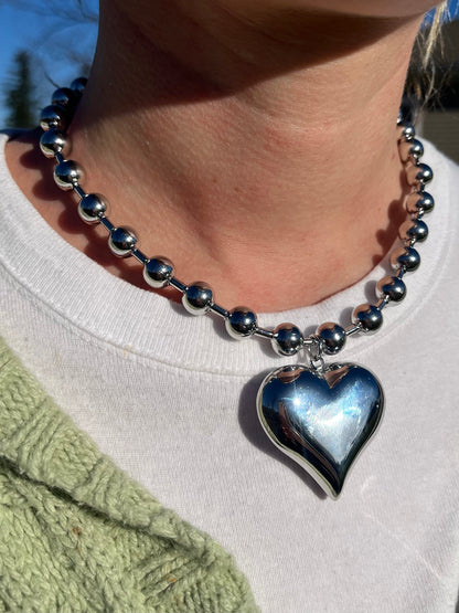 Puffy Heart Ball Chain Necklace - Stainless Steel