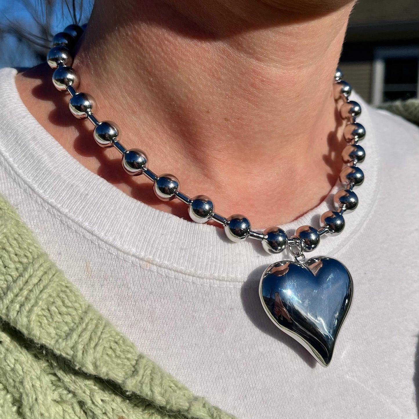 Puffy Heart Ball Chain Necklace - Stainless Steel