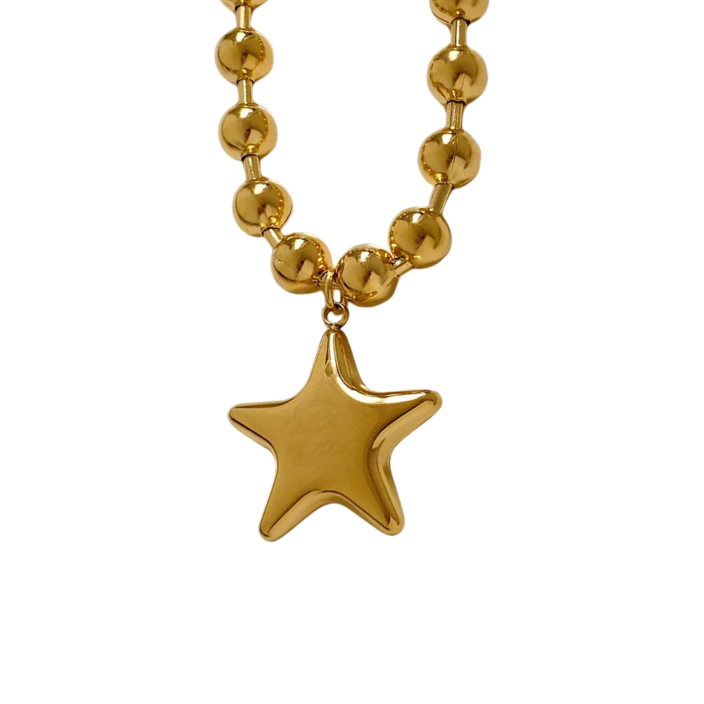 Puffy Star Ball Chain Necklace - Stainless Steel