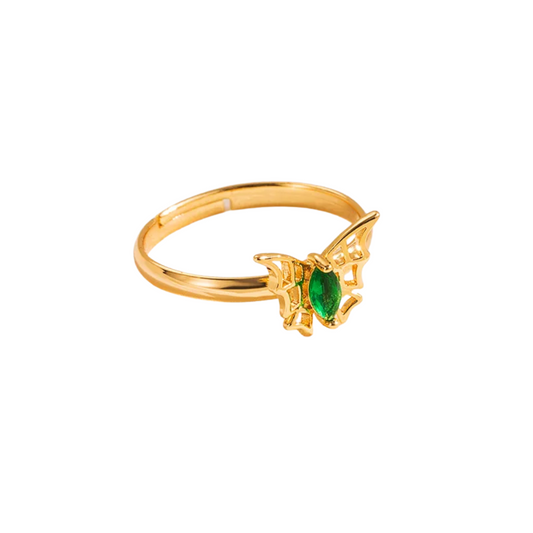 Green Zircon Gemmed Bat Adjustable Ring - 14k Gold Plated Stainless Steel