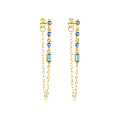 Blue Zircon Crystal Stud Earrings with Connecting Chain - Gold Plated 925 Sterling Silver
