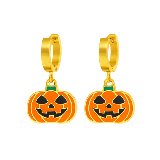 Dangling Pumpkin Huggie Hoop Earrings - Pair - Gold Plated Stainless Steel