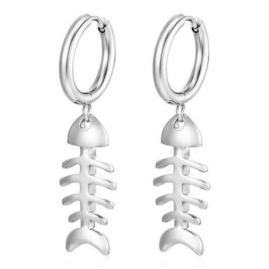 Fishbone Dangling Huggie Hoop Earrings - Pair - Stainless Steel