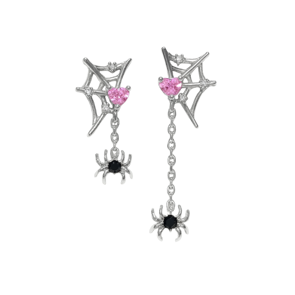 Web with Dangling Spider Stud Earrings - Pair