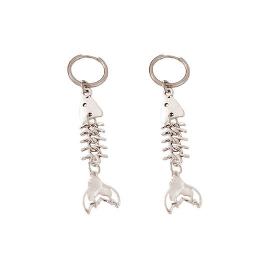 White Resin Tailed Fishbone Dangling Huggie Hoop Earrings - Pair - Stainless Steel