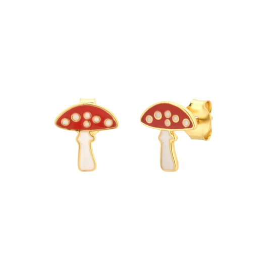 Mushroom Stud Earrings - Pair - Gold Plated Sterling Silver