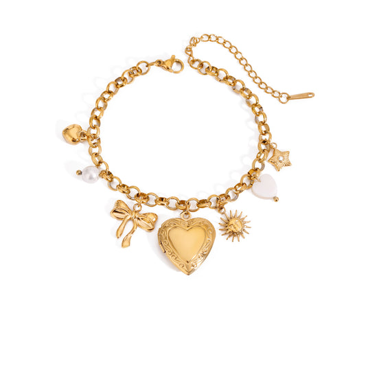 Heart and Bow Charm Bracelet - Gold Plated Stainless Steel