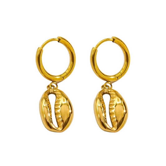 Puka Shell Dangling Huggie Hoop Earrings - Pair - 14K Gold Plated Stainless Steel