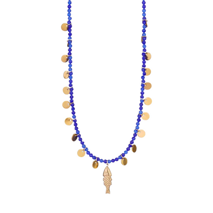 Blue Beaded Fish Charm Necklace