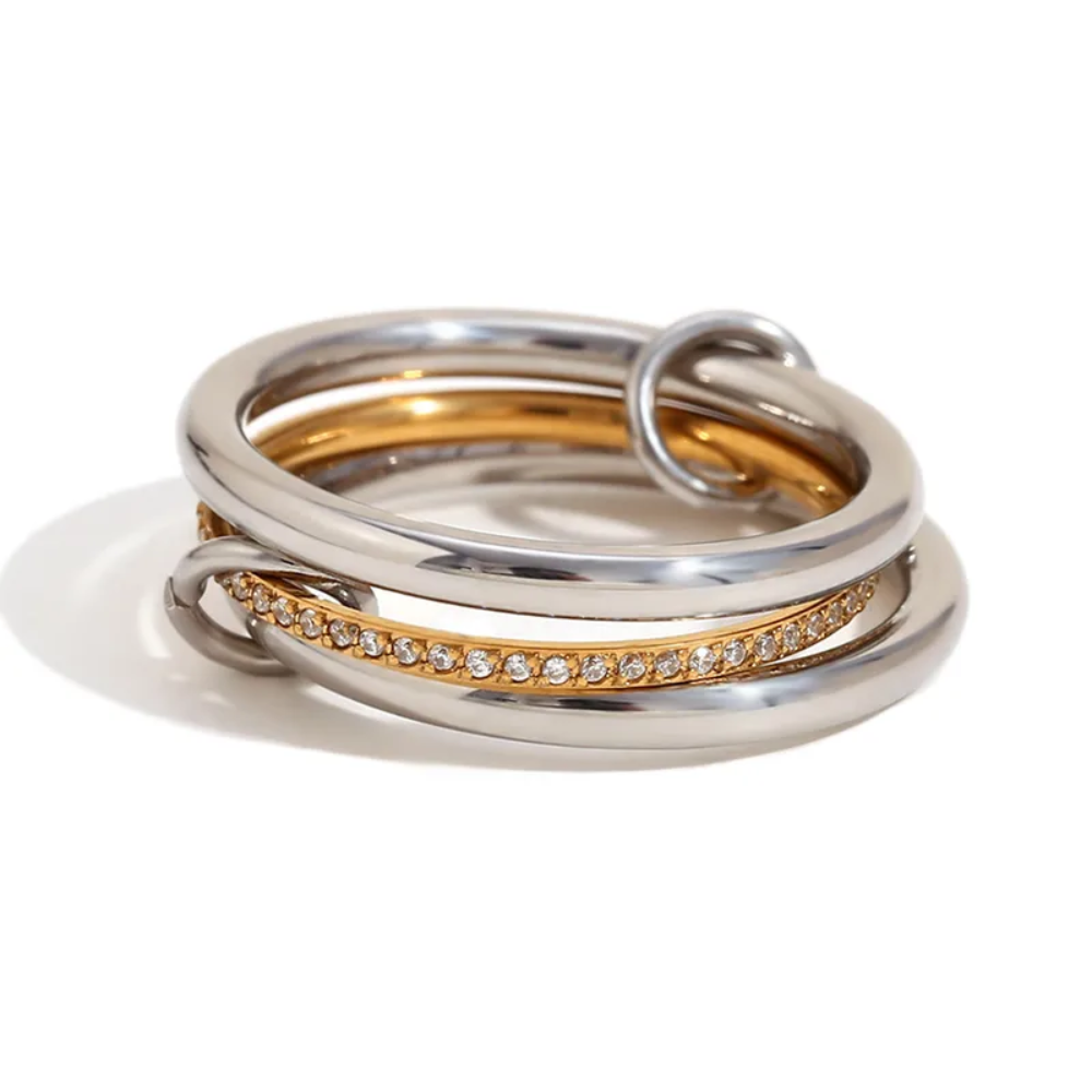 Zircon Crystal Lined Center Two Tone Triple Layer Connected Rings - 18k Gold Plated Stainless Steel