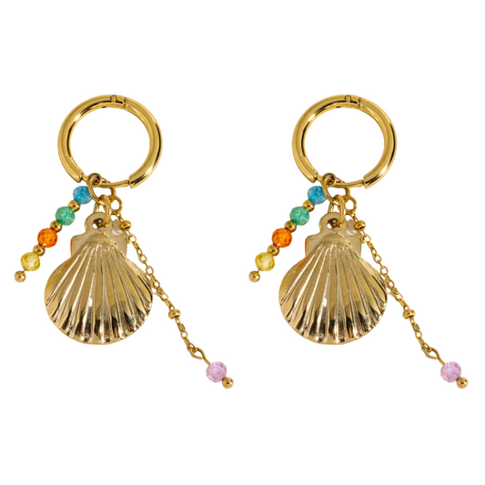 Shell and Beaded Charms Dangling Huggie Hoop Earrings - Pair - Gold Plated Stainless Steel