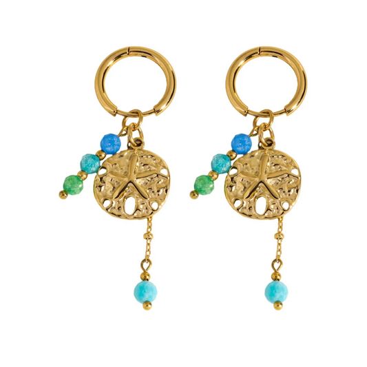 Sand Dollar and Beaded Charms Dangling Huggie Hoop Earrings - Pair - Gold Plated Stainless Steel