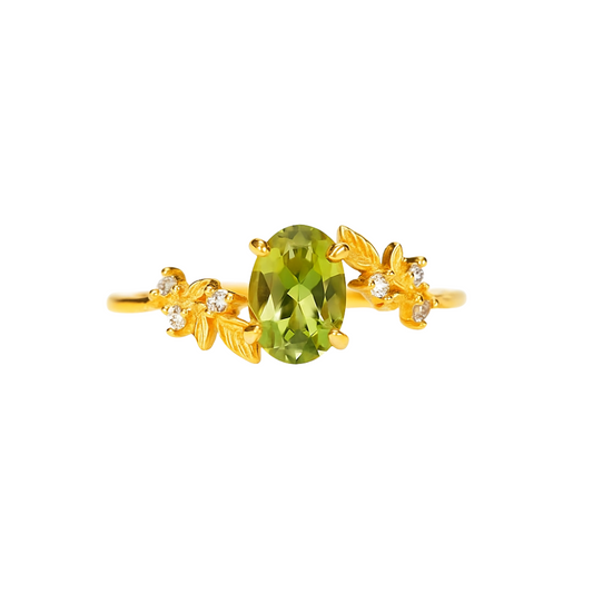Peridot Green Crystal Leaf Adjustable Ring - Gold Plated 925 Sterling Silver