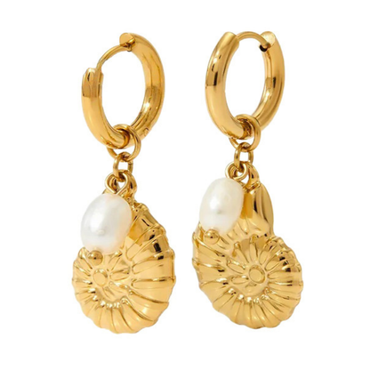 Spiral Shell with Faux Pearl Dangling Huggie Hoop Earrings - Pair - Stainless Steel