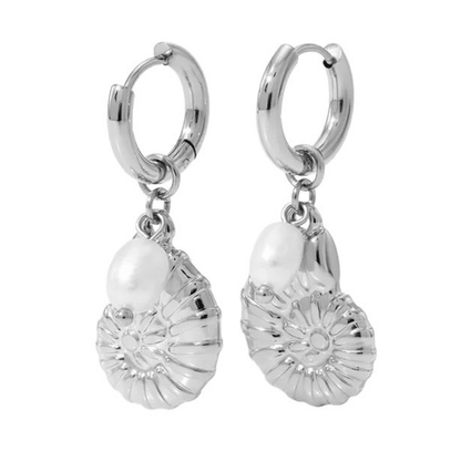 Spiral Shell with Faux Pearl Dangling Huggie Hoop Earrings - Pair - Stainless Steel