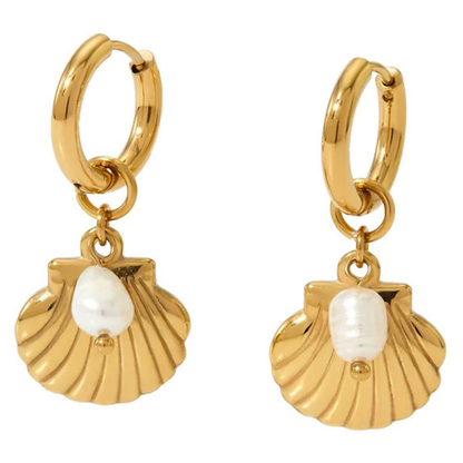 Shell with Faux Pearl Dangling Huggie Hoop Earrings - Pair - Stainless Steel