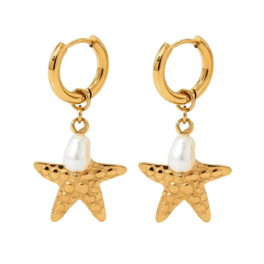 Starfish with Faux Pearl Dangling Huggie Hoop Earrings - Pair - Stainless Steel
