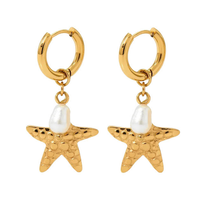 Starfish with Faux Pearl Dangling Huggie Hoop Earrings - Pair - Stainless Steel