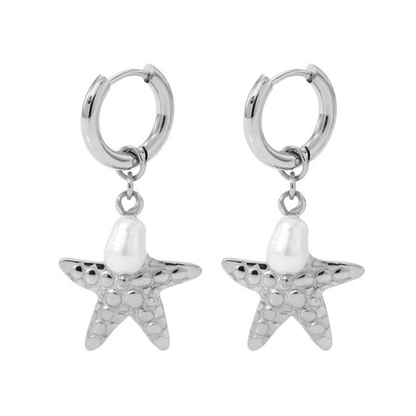 Starfish with Faux Pearl Dangling Huggie Hoop Earrings - Pair - Stainless Steel