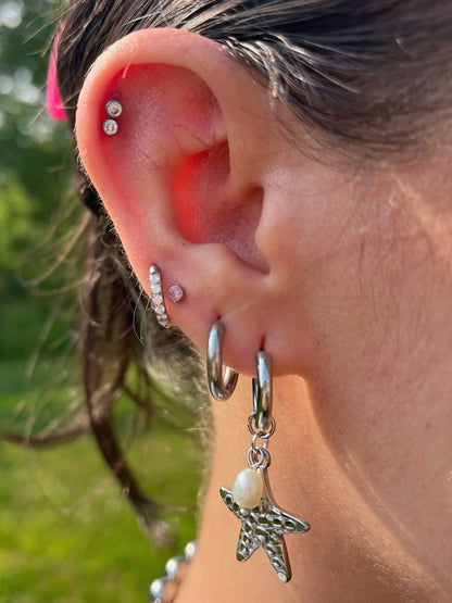 Starfish with Faux Pearl Dangling Huggie Hoop Earrings - Pair - Stainless Steel