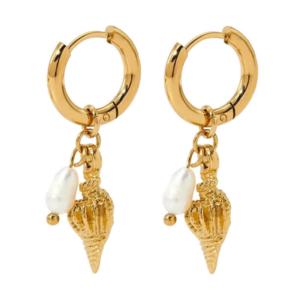 Conch Shell with Faux Pearl Dangling Huggie Hoop Earrings - Pair - Stainless Steel