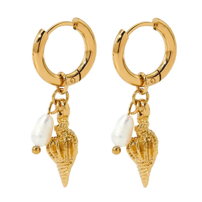 Conch Shell with Faux Pearl Dangling Huggie Hoop Earrings - Pair - Stainless Steel