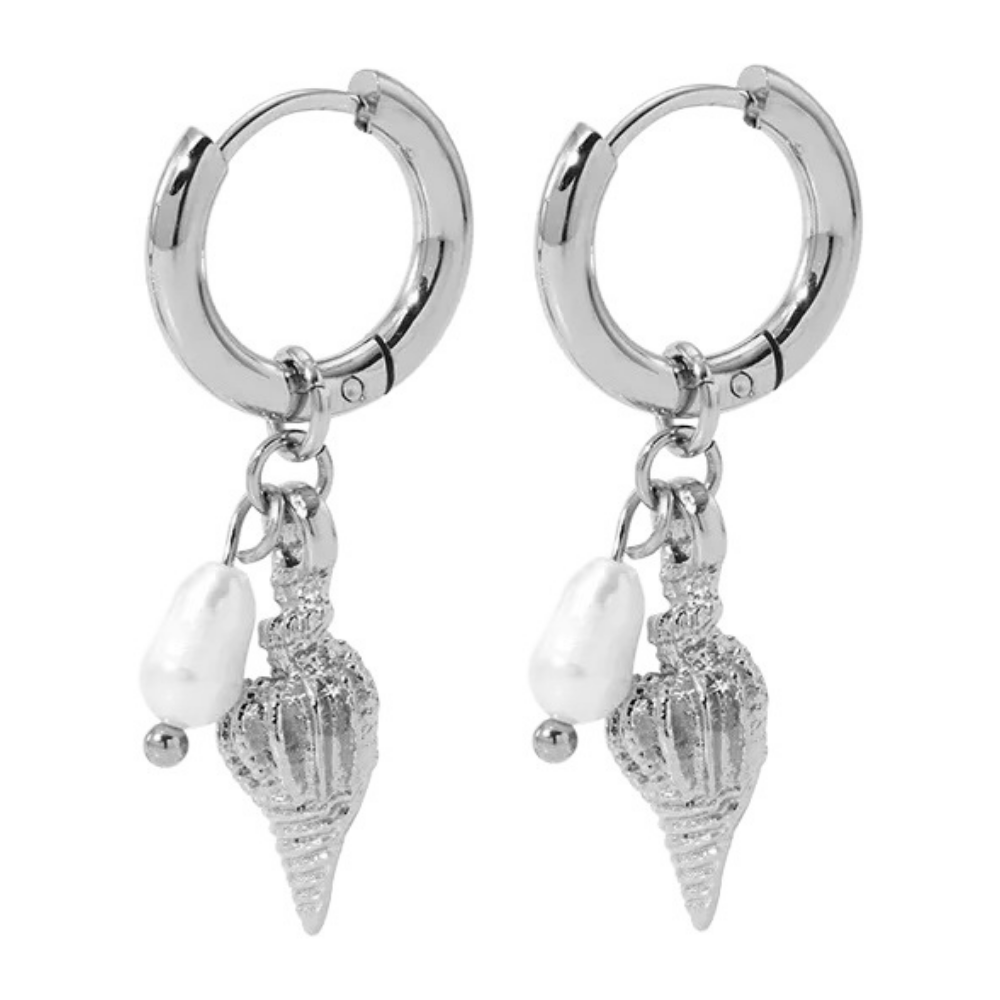 Conch Shell with Faux Pearl Dangling Huggie Hoop Earrings - Pair - Stainless Steel