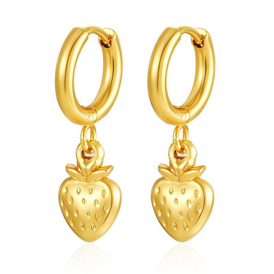 Strawberry Dangling Huggie Hoop Earrings - Pair - 304 Stainless Steel