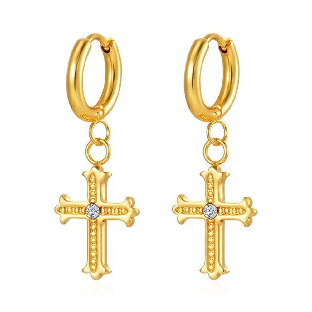 CZ Crystal Cross Dangling Huggie Hoop Earrings - Pair - 304 Stainless Steel