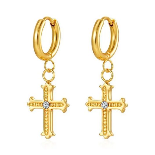 CZ Crystal Cross Dangling Huggie Hoop Earrings - Pair - 304 Stainless Steel