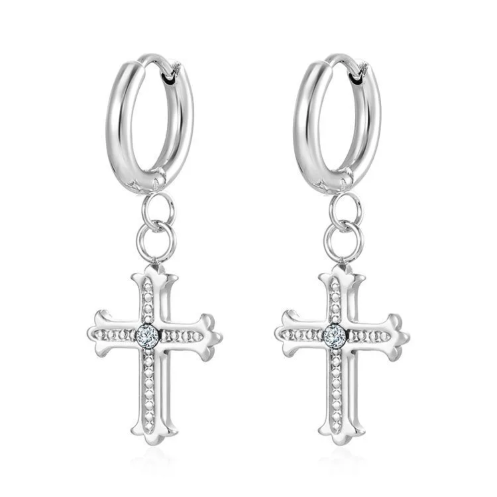CZ Crystal Cross Dangling Huggie Hoop Earrings - Pair - 304 Stainless Steel
