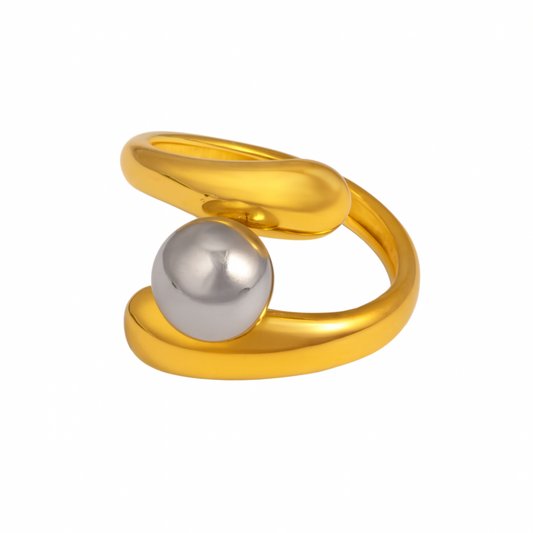 Two Tone Ball Double Wrap Ring - Stainless Steel