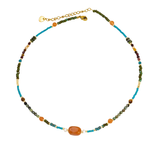 Orange Pendant Natural Stone Beaded Necklace - Gold Plated Stainless Steel
