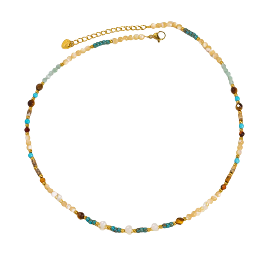 Turquoise and White Natural Stone Beaded Necklace - Gold Plated Stainless Steel