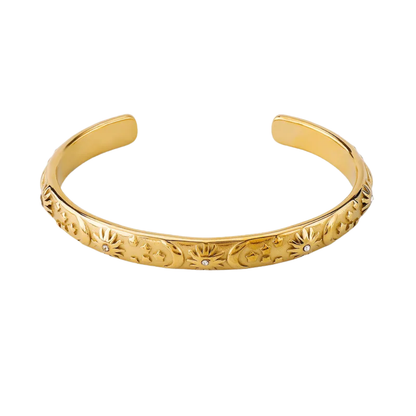 Sun Moon and Star Lined Open Cuff Bangle Bracelet - 304 Stainless Steel