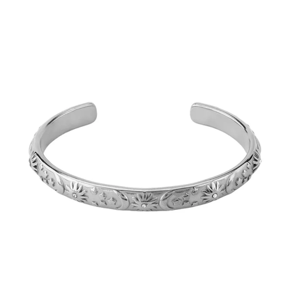 Sun Moon and Star Lined Open Cuff Bangle Bracelet - 304 Stainless Steel