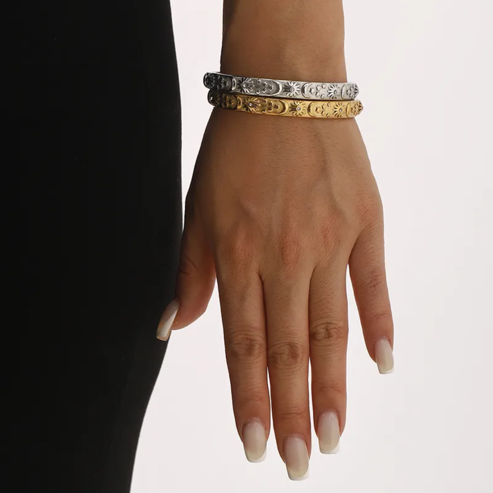 Sun Moon and Star Lined Open Cuff Bangle Bracelet - 304 Stainless Steel