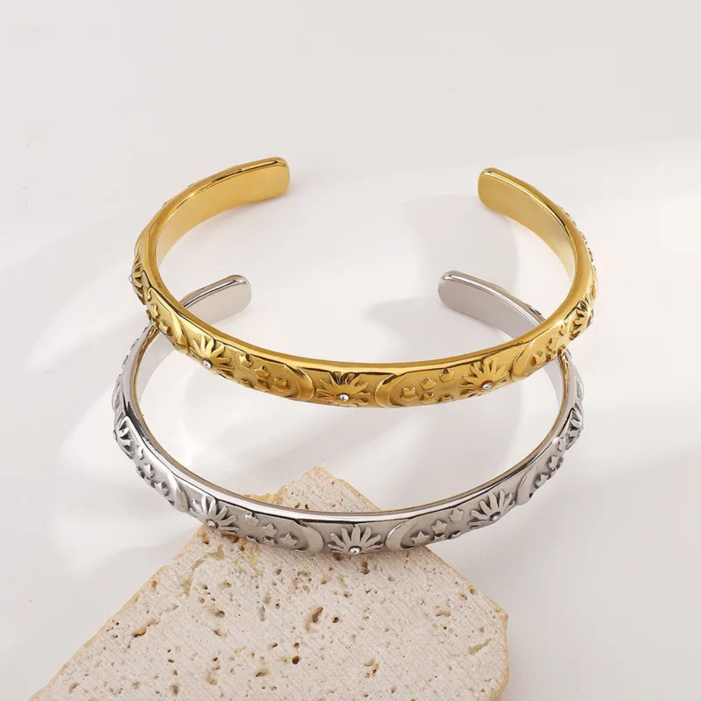 Sun Moon and Star Lined Open Cuff Bangle Bracelet - 304 Stainless Steel