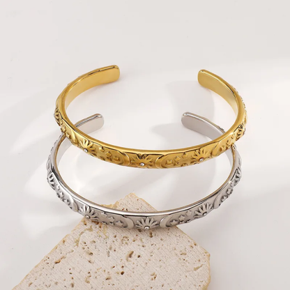 Sun Moon and Star Lined Open Cuff Bangle Bracelet - 304 Stainless Steel