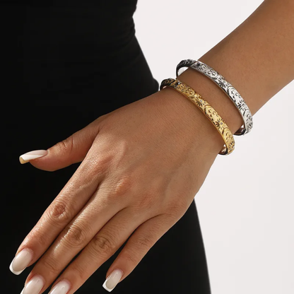 Sun Moon and Star Lined Open Cuff Bangle Bracelet - 304 Stainless Steel