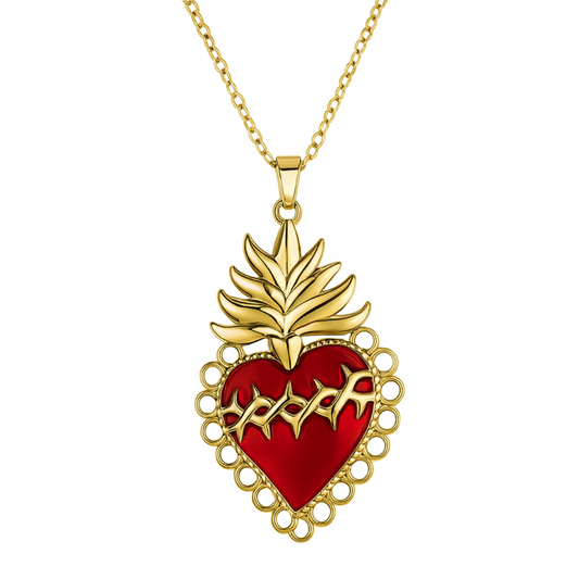 Sacred Barbed Wire Red Heart Pendant Necklace - 18K Gold Plated Stainless Steel