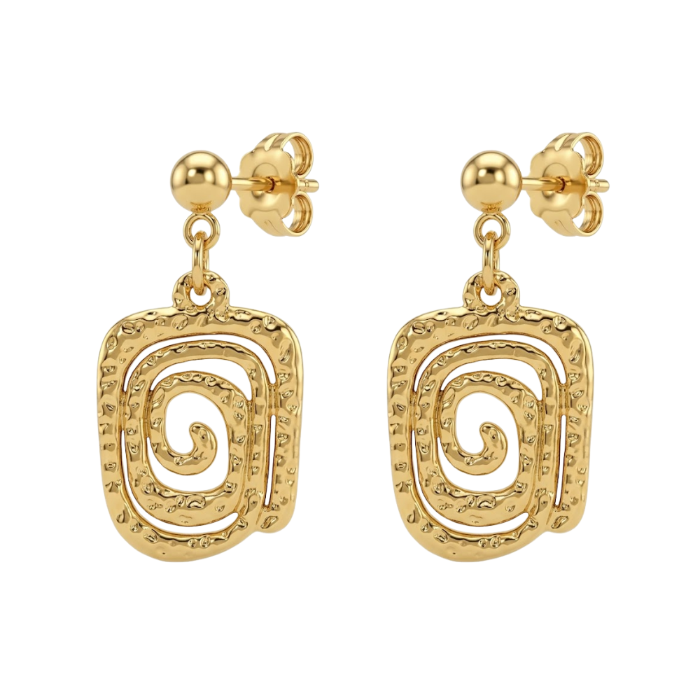 Spiral Square Dangling Earrings - Pair - 18K Gold Plated 304 Stainless Steel