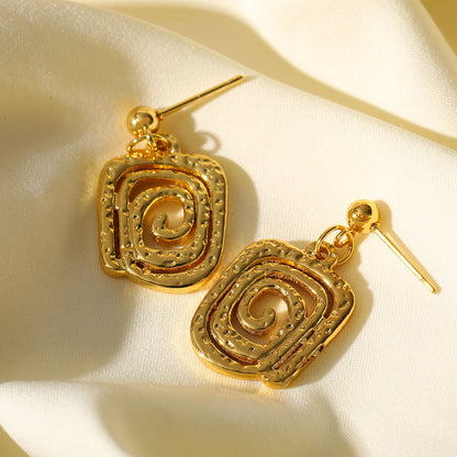 Spiral Square Dangling Earrings - Pair - 18K Gold Plated 304 Stainless Steel