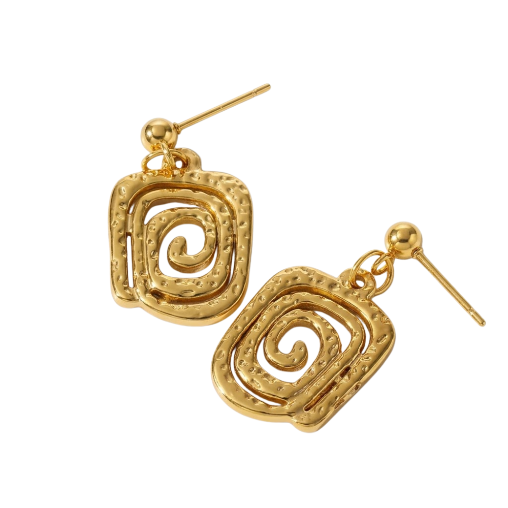 Spiral Square Dangling Earrings - Pair - 18K Gold Plated 304 Stainless Steel