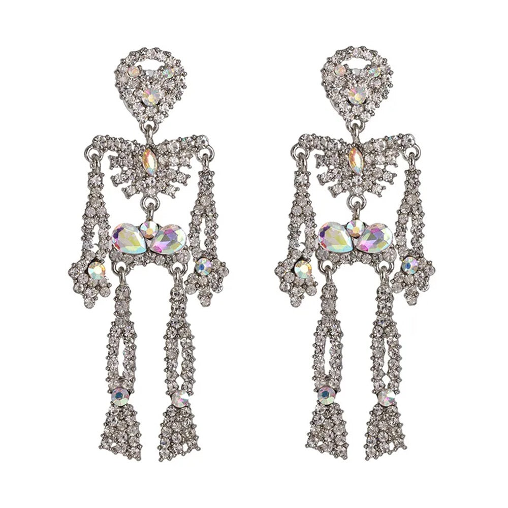 Aurora Borealis Crystal Skeleton Statement Dangling Earrings - Pair